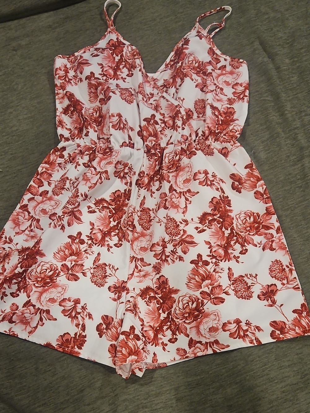 White/ Cream & Red Floral Spaghetti-Strap Romper